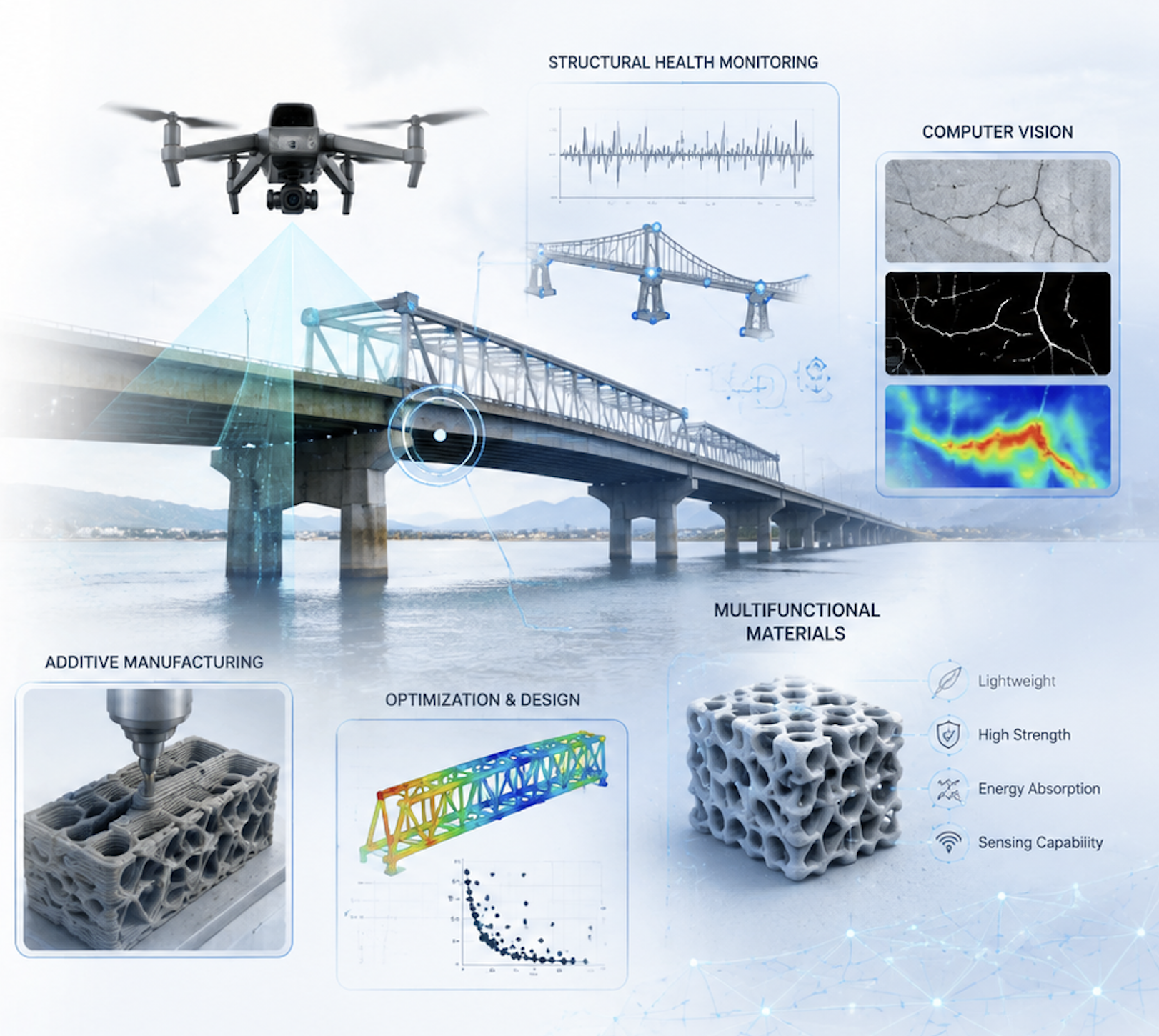 UAV bridge inspection, structural monitoring, computer vision, additive manufacturing, optimization, and advanced materials research